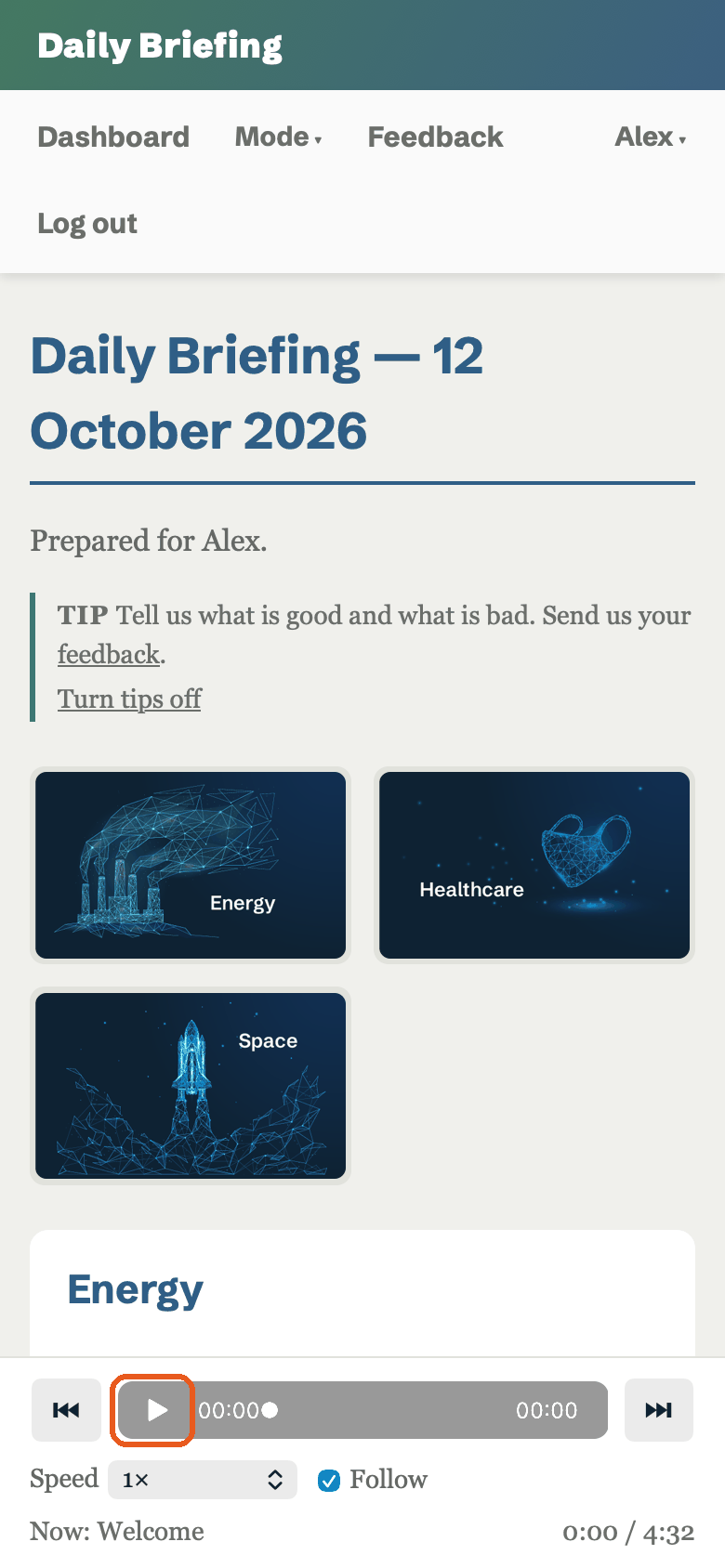A briefing page with the audio bar under the contents list. A ring marks the play button.