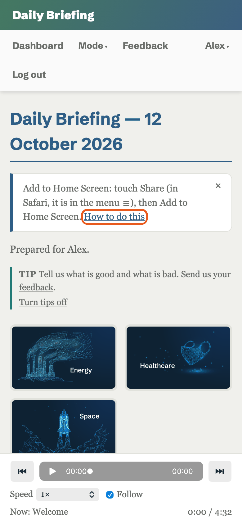 A briefing page on an iPhone. A ring marks the banner link at the top of the page.