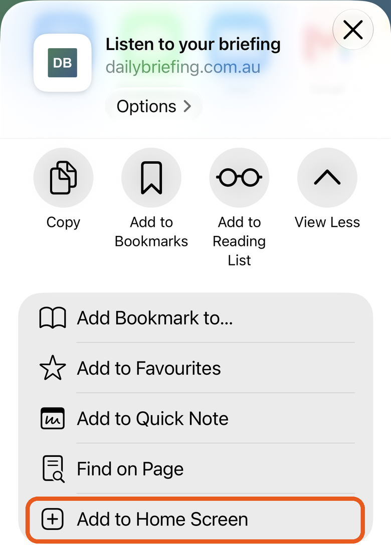 The Share sheet. A ring marks Add to Home Screen in the list below the round buttons.