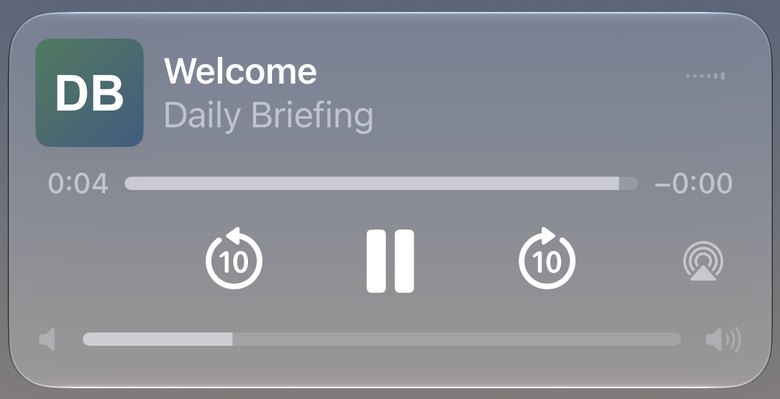 The lock screen player on an iPhone with the title, the art, the 10 second skip buttons and pause.