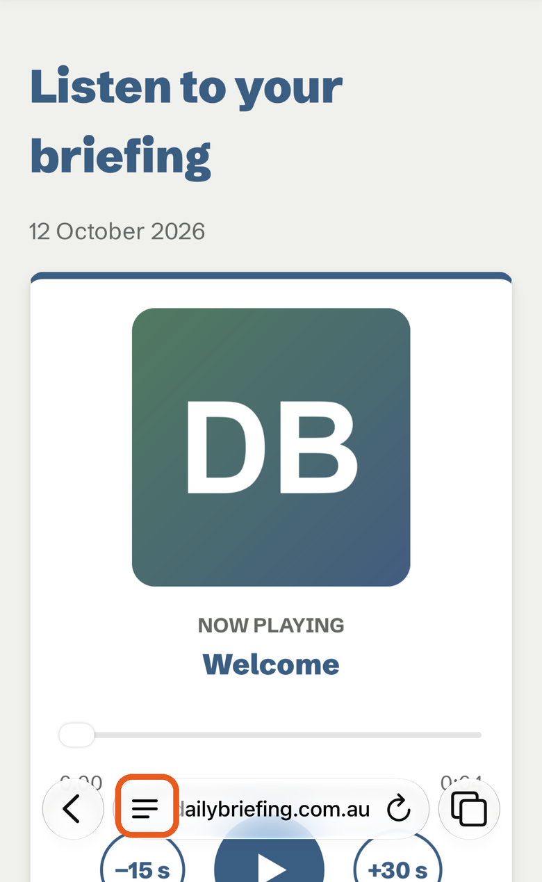 The Listen page in Safari on an iPhone. A ring marks the menu button at the left of the address bar.