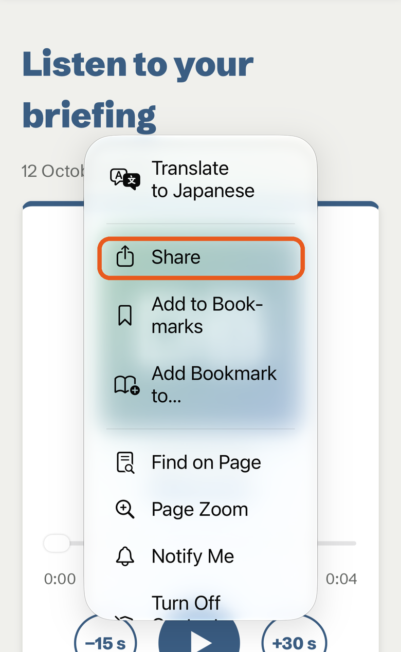 The Safari menu. A ring marks Share.