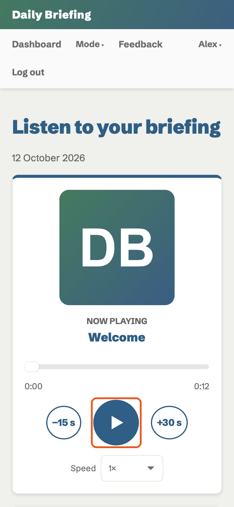 The Listen only page. A ring marks the big play button.