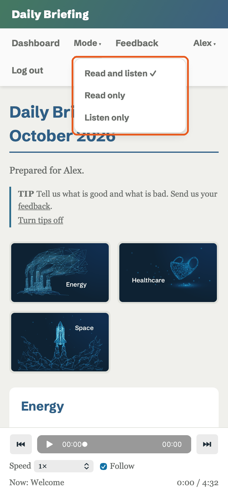The Mode menu open on a briefing page. A ring marks the list of three modes.
