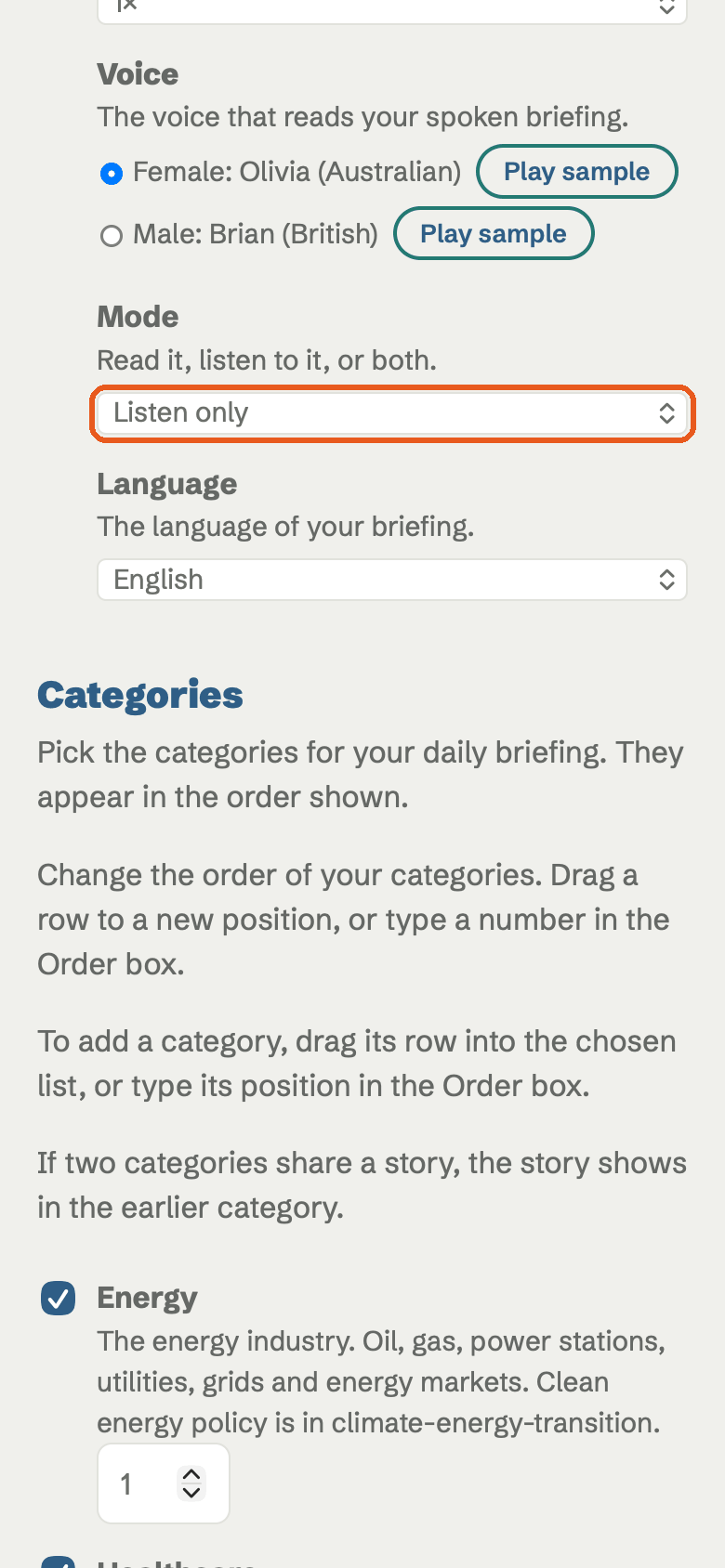 The Mode setting in Your preferences, set to Listen only. A ring marks the Mode setting.