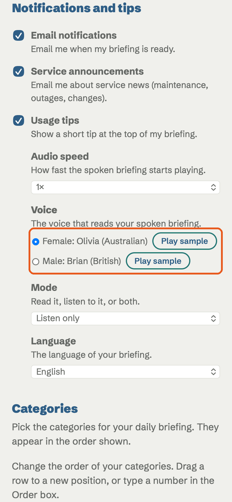 The Voice setting in Your preferences with the Female and Male choices. A ring marks the voice choice.
