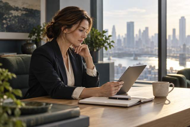 A professional reading a briefing on a tablet beside a city window